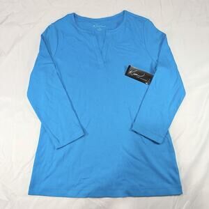 Kim Rogers Women’s Small Turquoise 3/4 Sleeve Split Neck Cotton Knit Top NWT